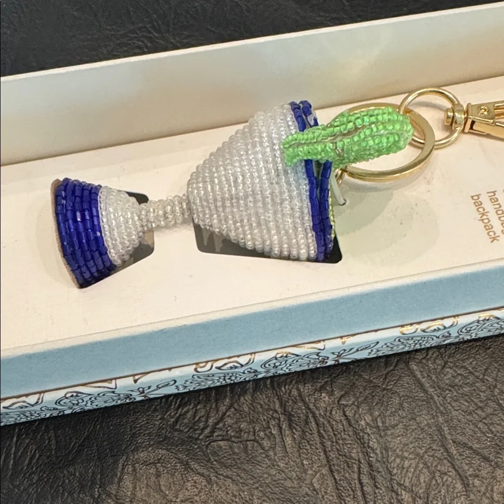 Haute Hippie Blue, White & Green Beaded Cocktail Charm Keychain, NEW